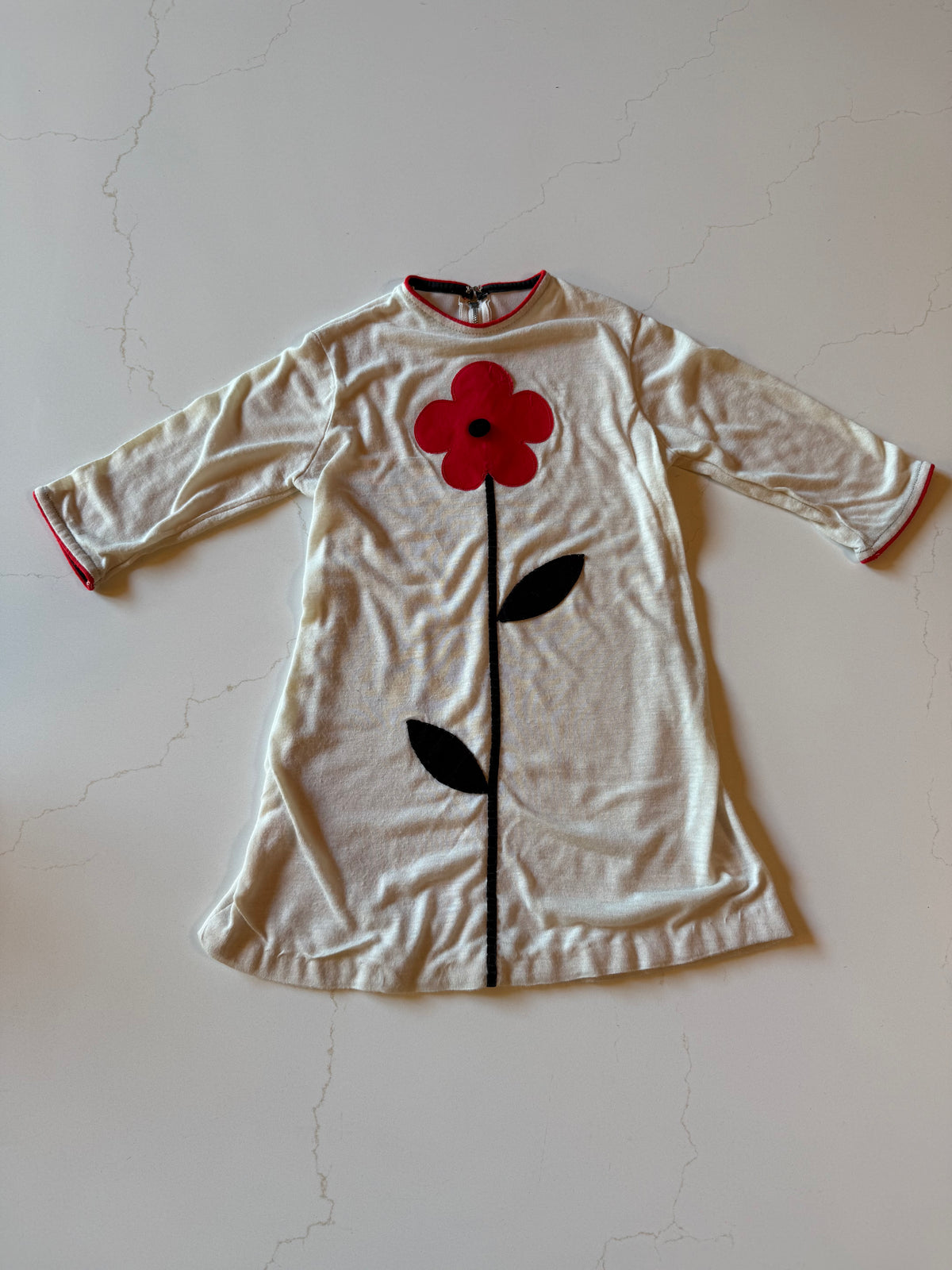 Vintage Hand Sewn White Dress with Red Flower from the 1960s