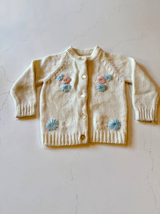 Vintage White Button Up Cardigan from the 1960s with Flowers