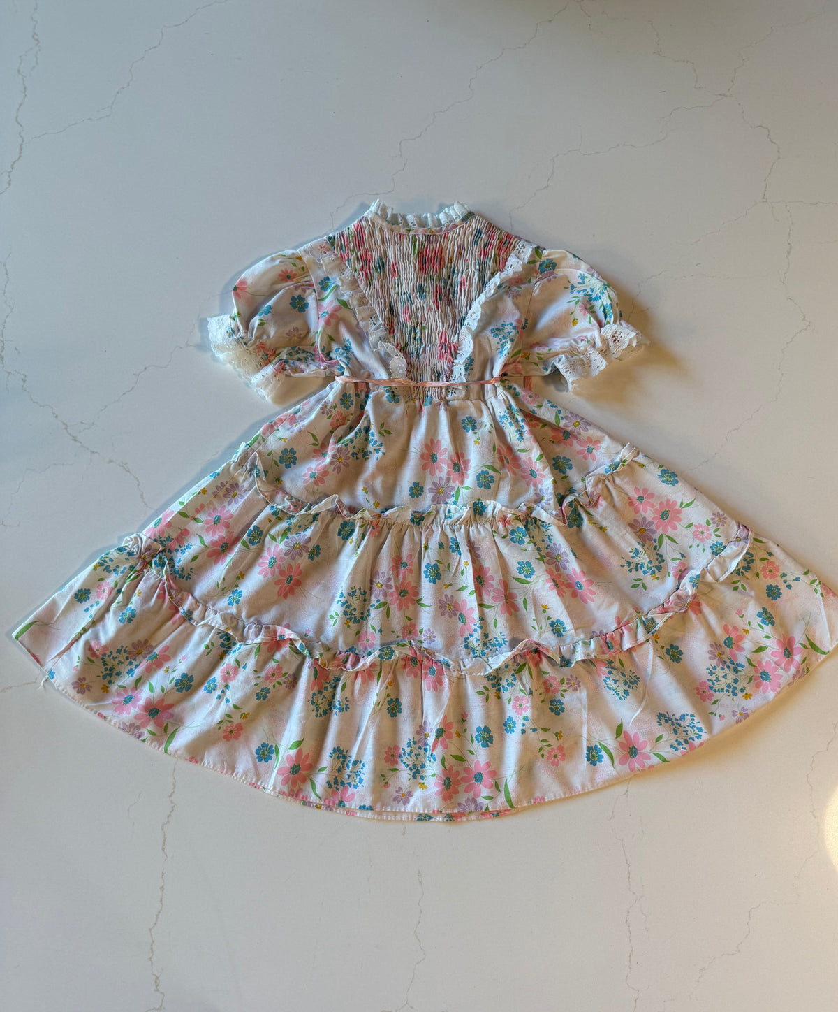Vintage White Floral Short Sleeve Girls Dress from the 1960s