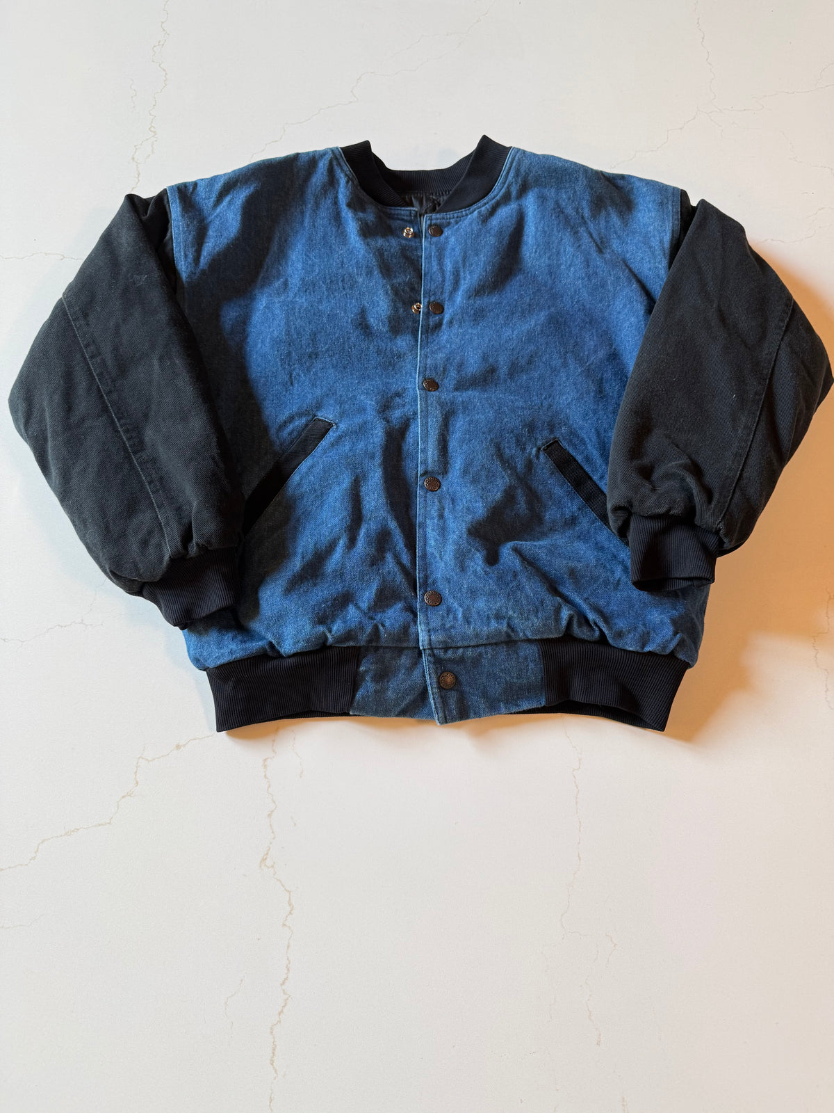 Vintage S Denim Letterman Style Jacket with Black Sleeves