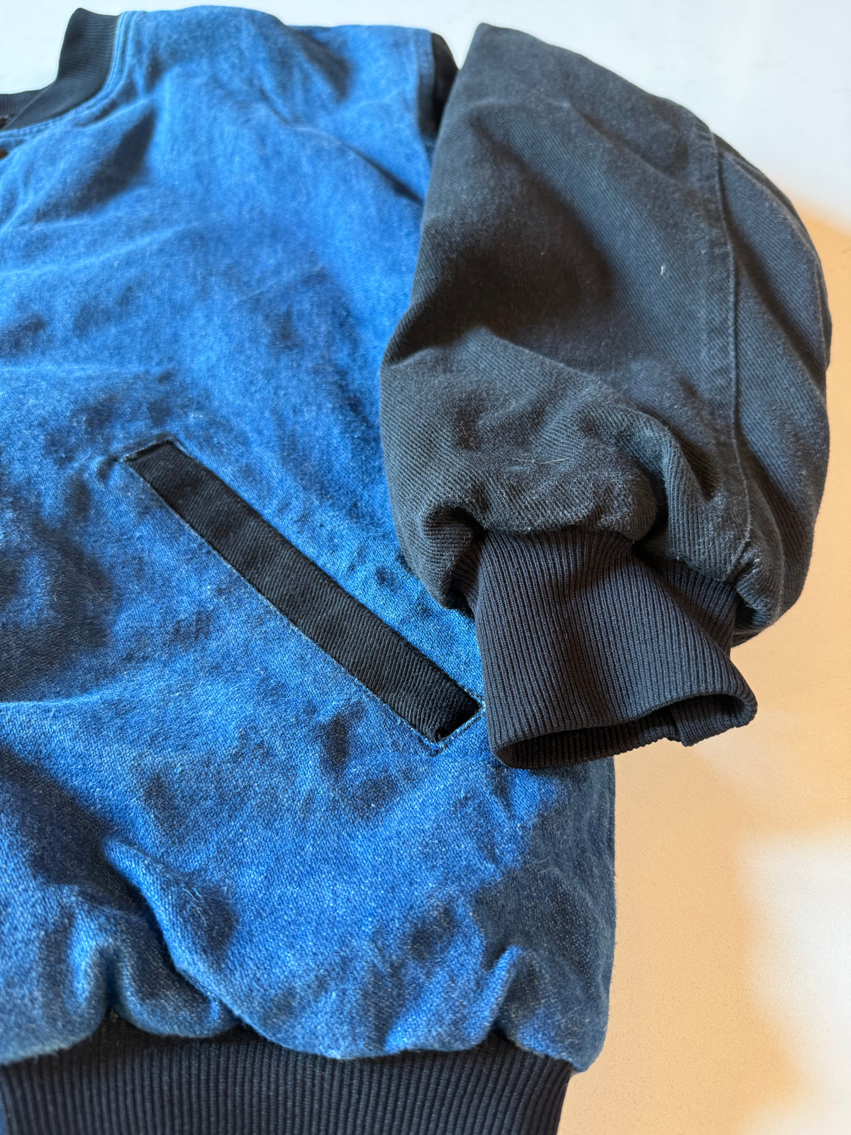 Vintage S Denim Letterman Style Jacket with Black Sleeves