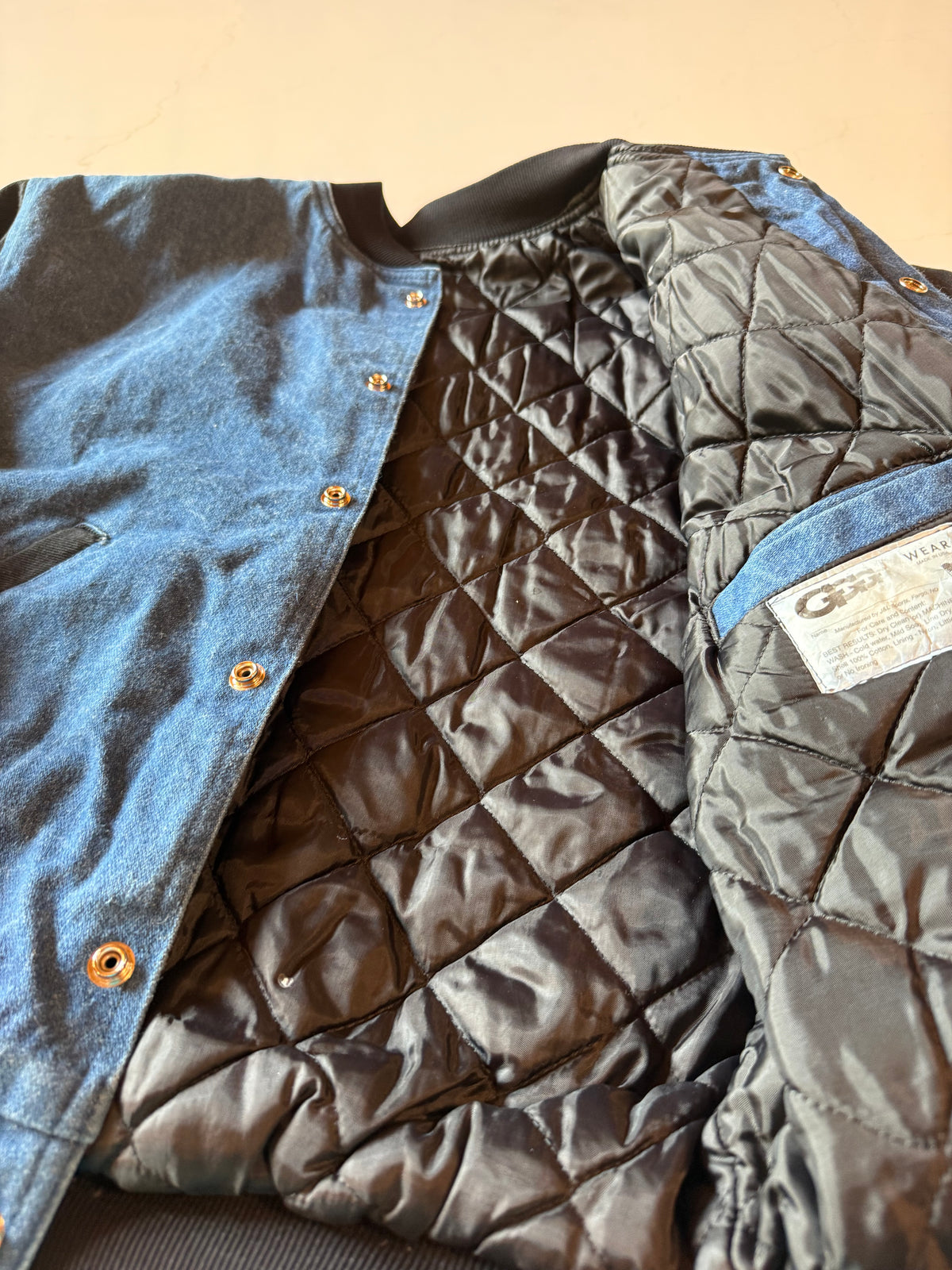 Vintage S Denim Letterman Style Jacket with Black Sleeves