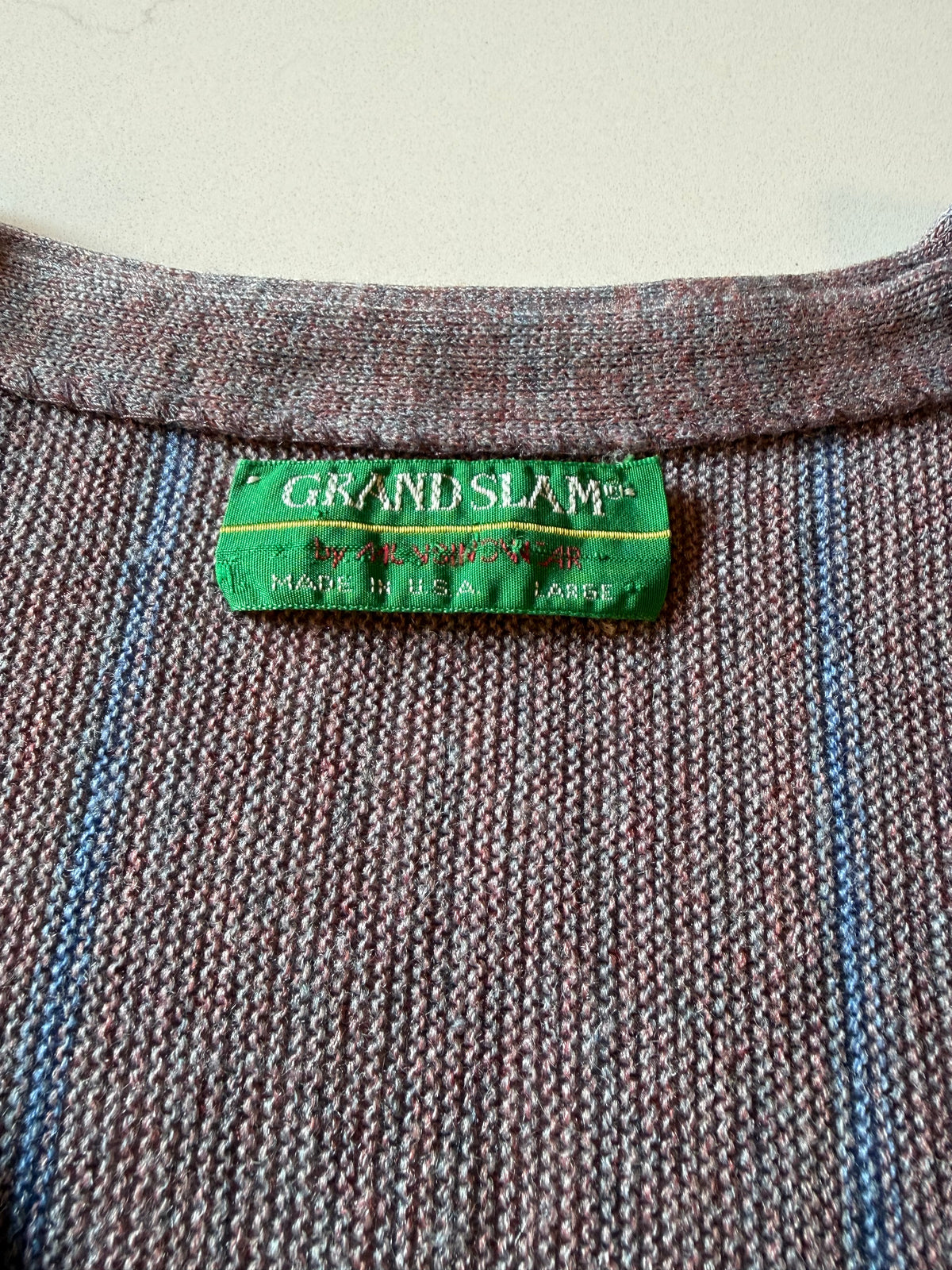 Vintage L Long Sleeve Gray Striped Munsingwear Cardigan Sweater from the 80s