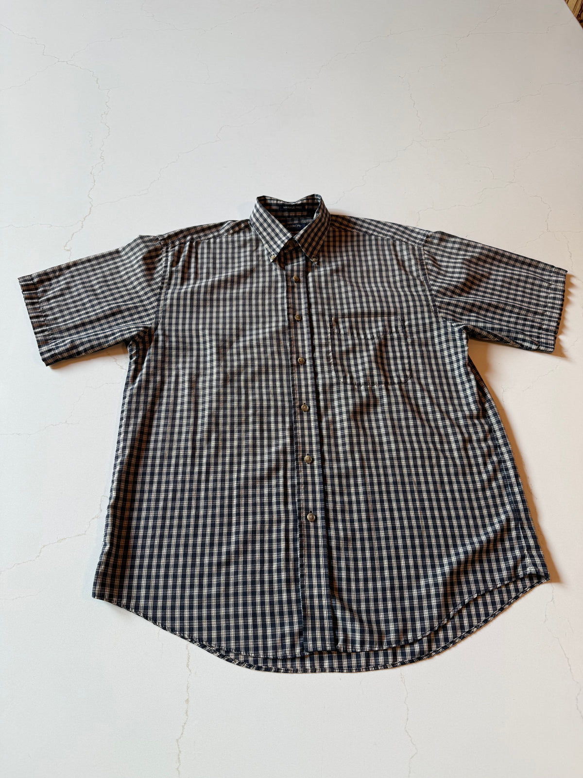 Vintage XL Men's Short Sleeve Navy and Tan Micro Plaid Button Up Shirt