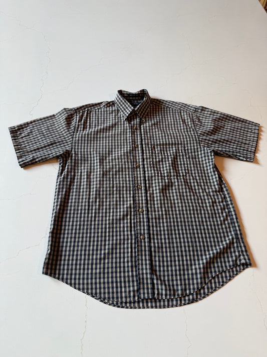 Vintage XL Men's Short Sleeve Navy and Tan Micro Plaid Button Up Shirt
