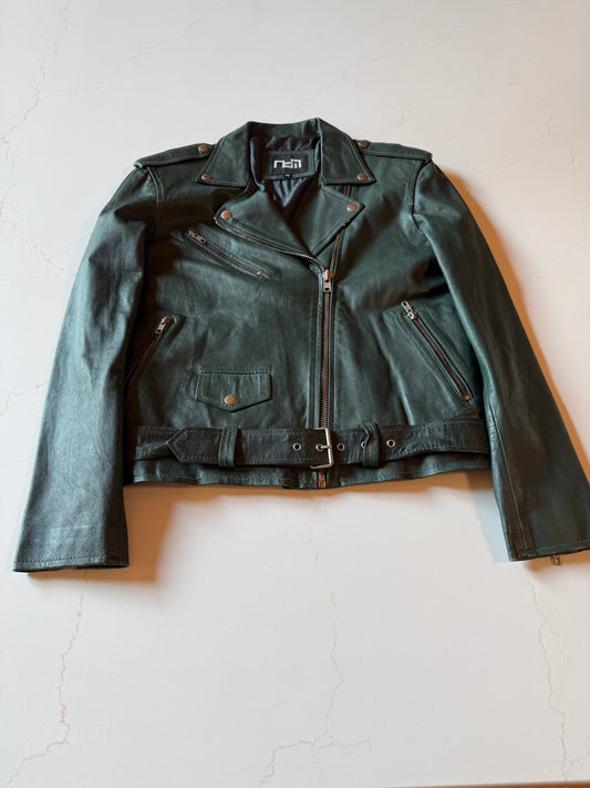 Vintage XS Olive Green Genuine Leather Biker Jacket