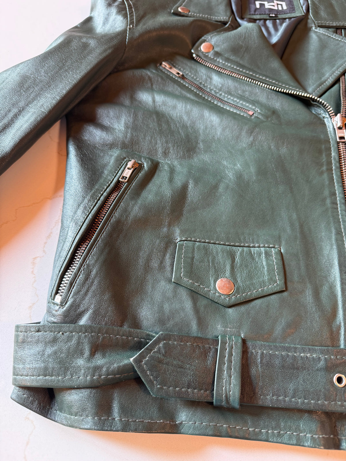 Vintage XS Olive Green Genuine Leather Biker Jacket
