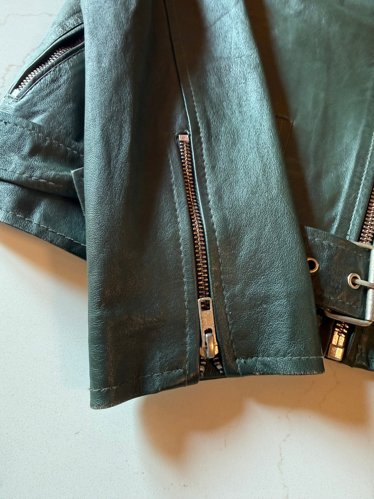 Vintage XS Olive Green Genuine Leather Biker Jacket